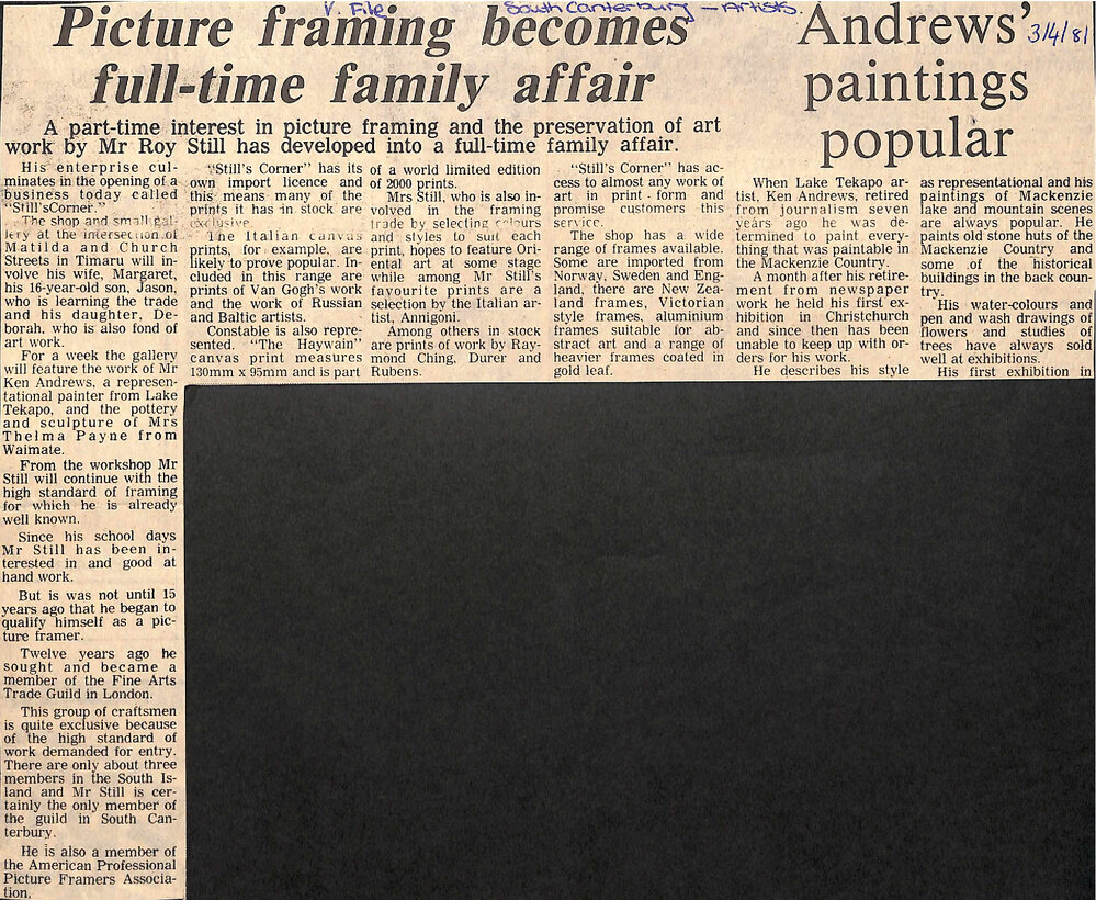 Picture framing becomes full-time family affair / Andrews' paintings popular / Distinction for Waimate potter