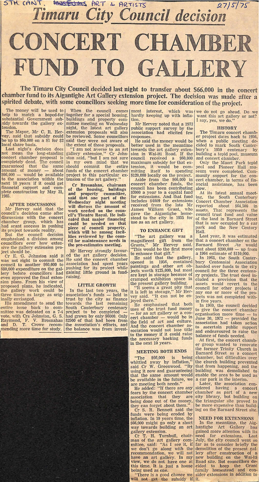 Timaru City Council decision: Concert Chamber Fund to Gallery