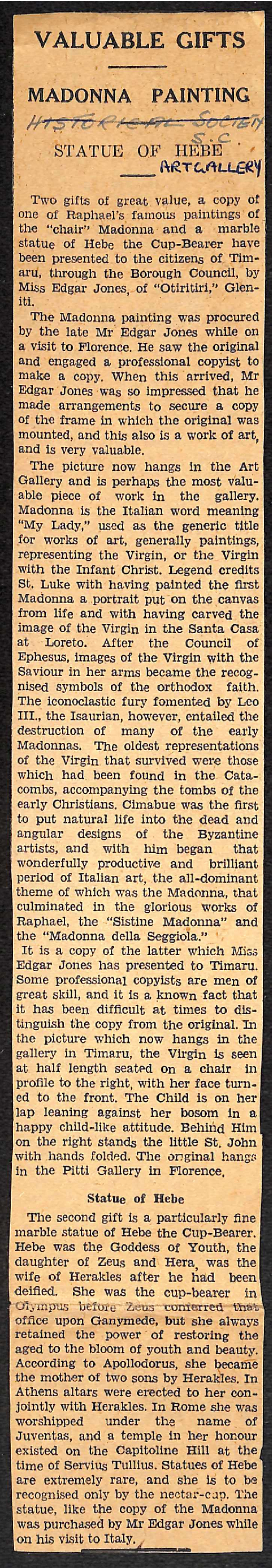 Valuable gifts: Madonna Painting, Statue of Hebe