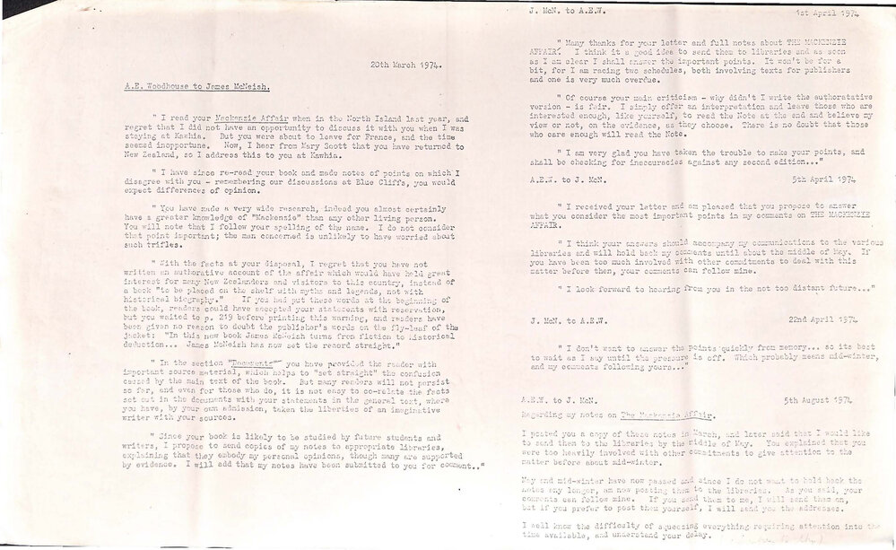 Notes on correspondence between James McNeish and Airini Woodhouse regarding his book "The Mackenzie Affair'
