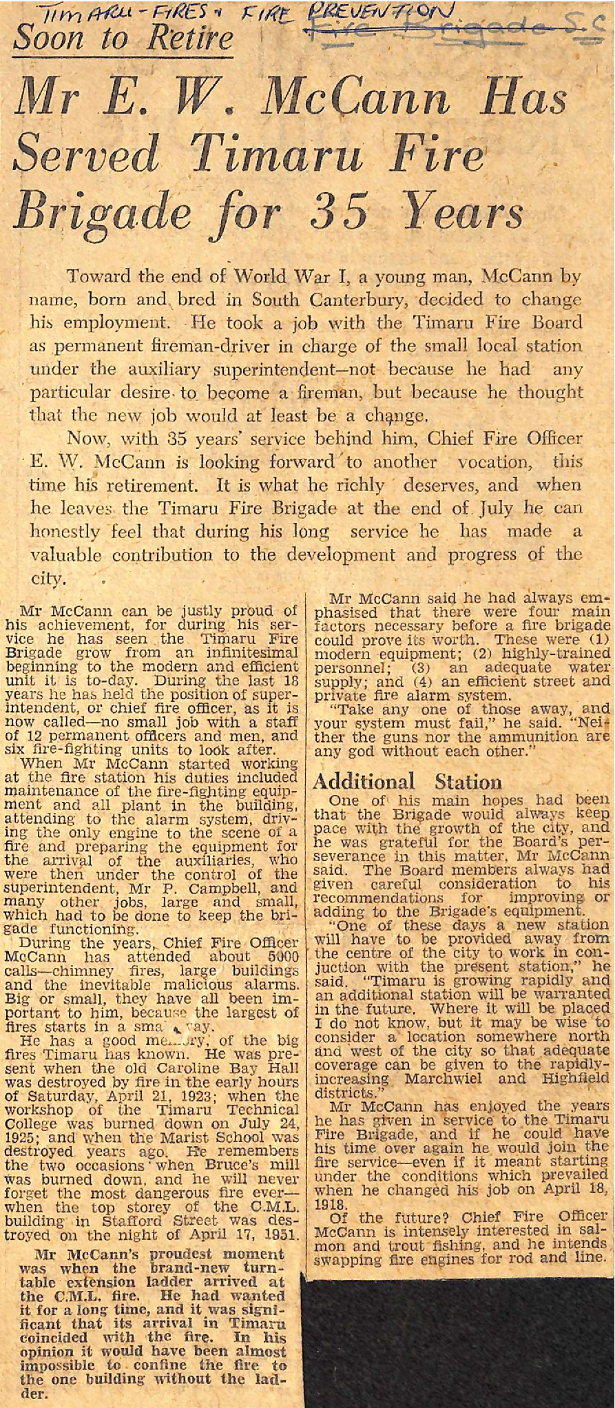 Soon to Retire: Mr E W McCann Has Served Timaru Fire Brigade for 35 Years