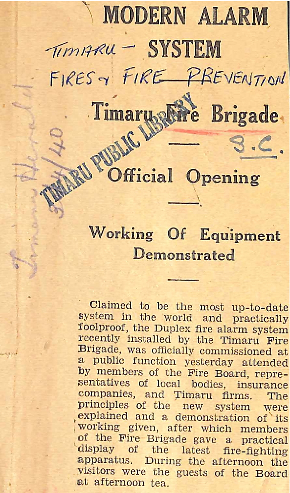 Modern Alarm System: Timaru Fire Brigade Official Opening, Working of Equipment Demonstrated
