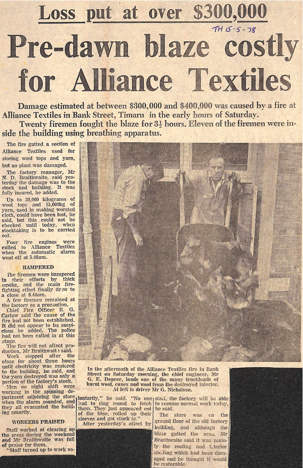 Loss put at over $300,000: Pre-dawn blaze costly for Alliance Textiles