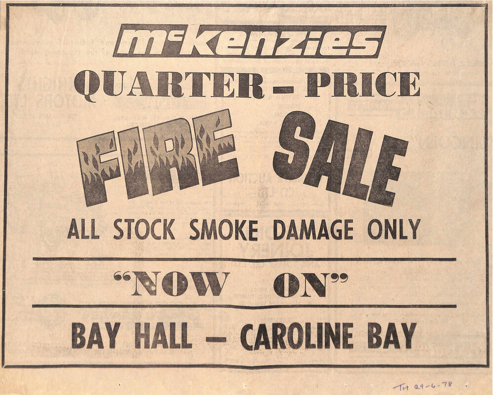 Advertisement for McKenzies quarter-price fire sale