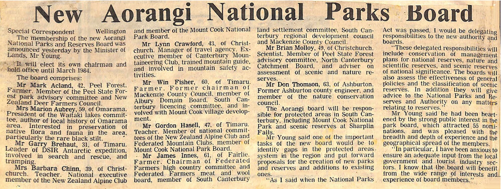 New Aorangi National Parks Board