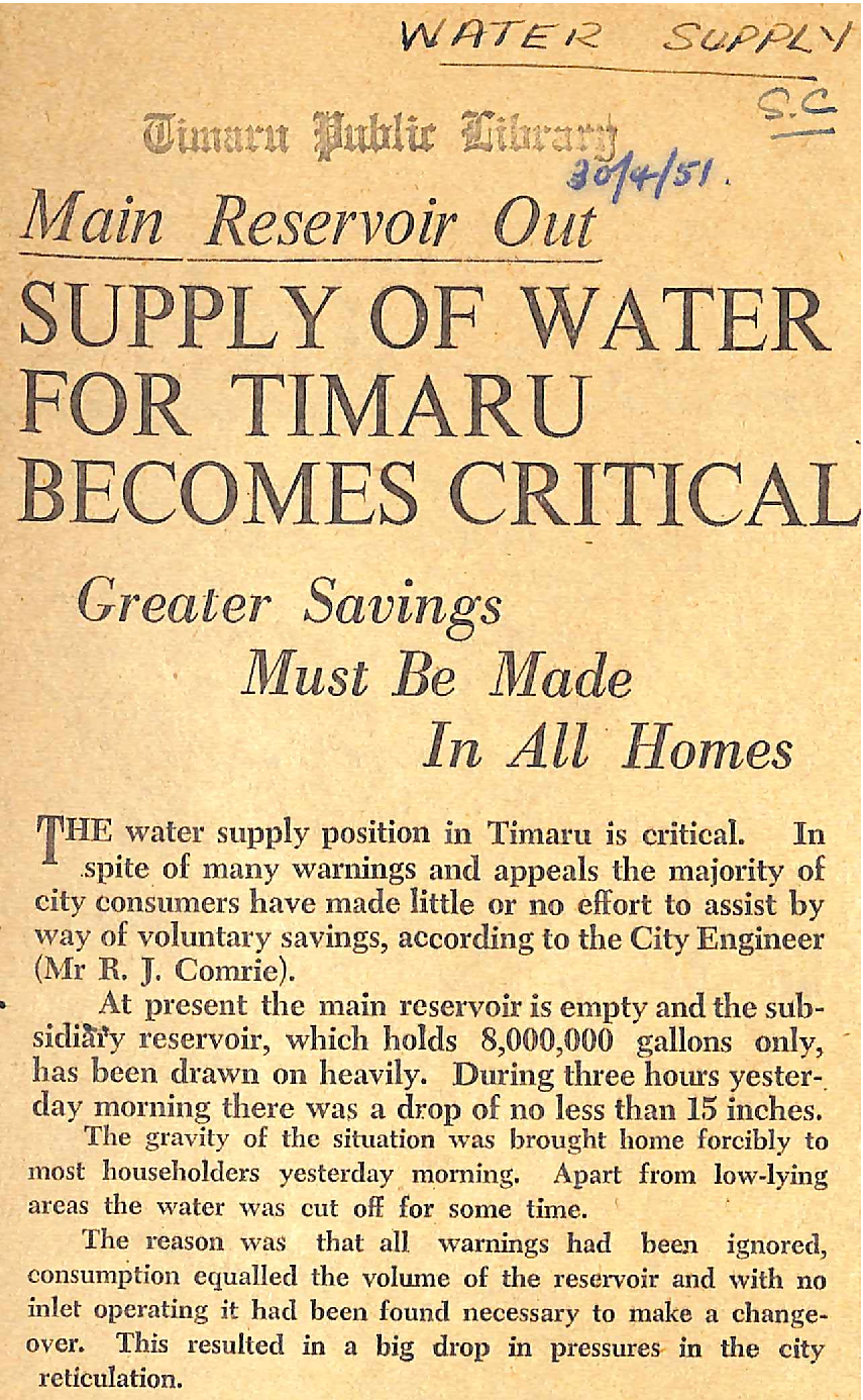 Main Reservoir Out, Supply of Water For Timaru Becomes Critical, Greater Savings Must Be Made In All Homes