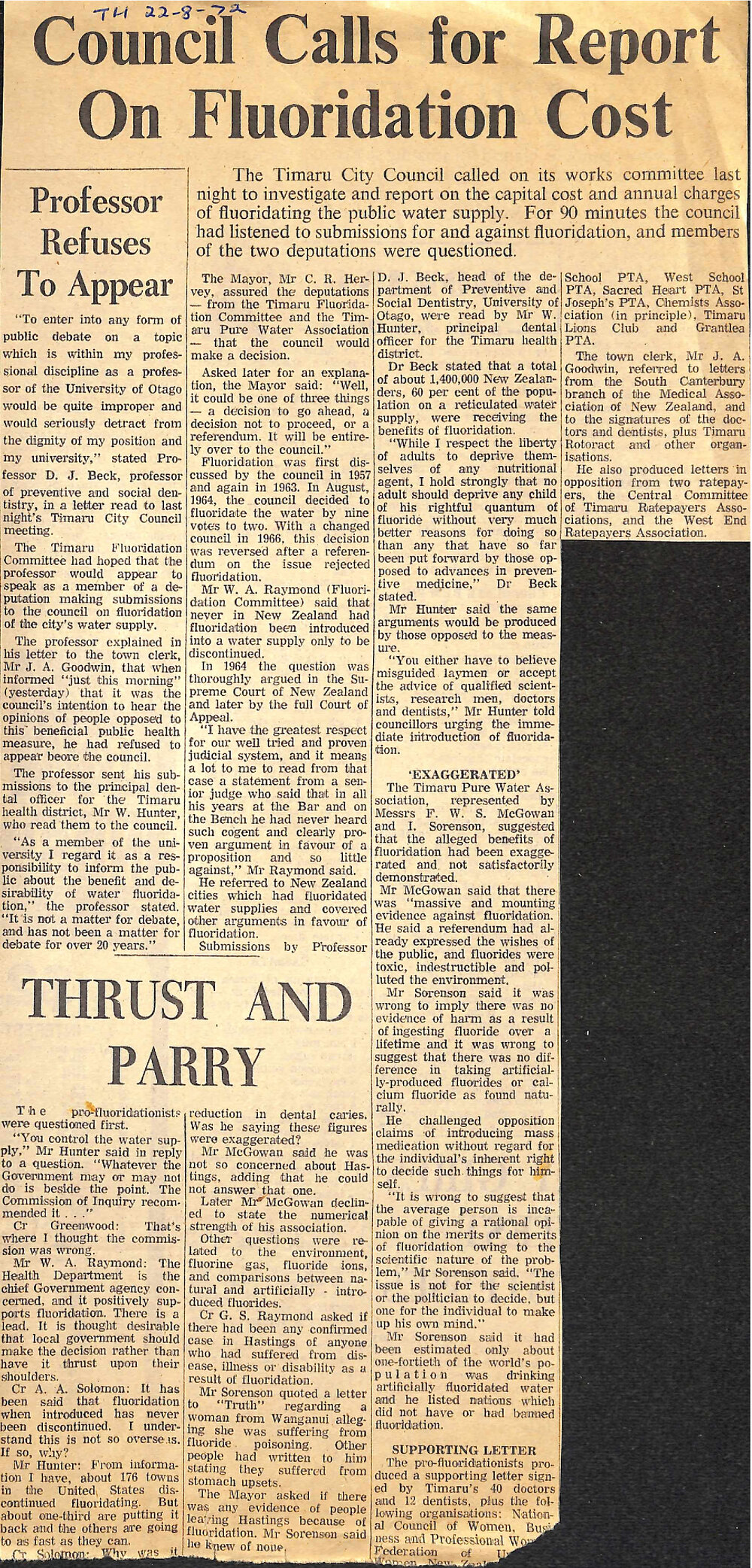 Council Calls for Report On Fluoridation Cost / Professor Refuses To Appear / Thrust and Parry