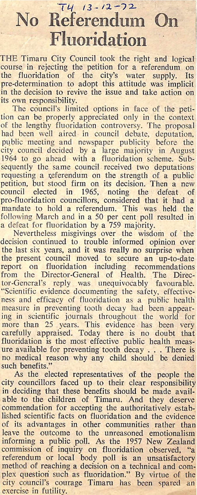 Editorial: No Referendum On Fluoridation