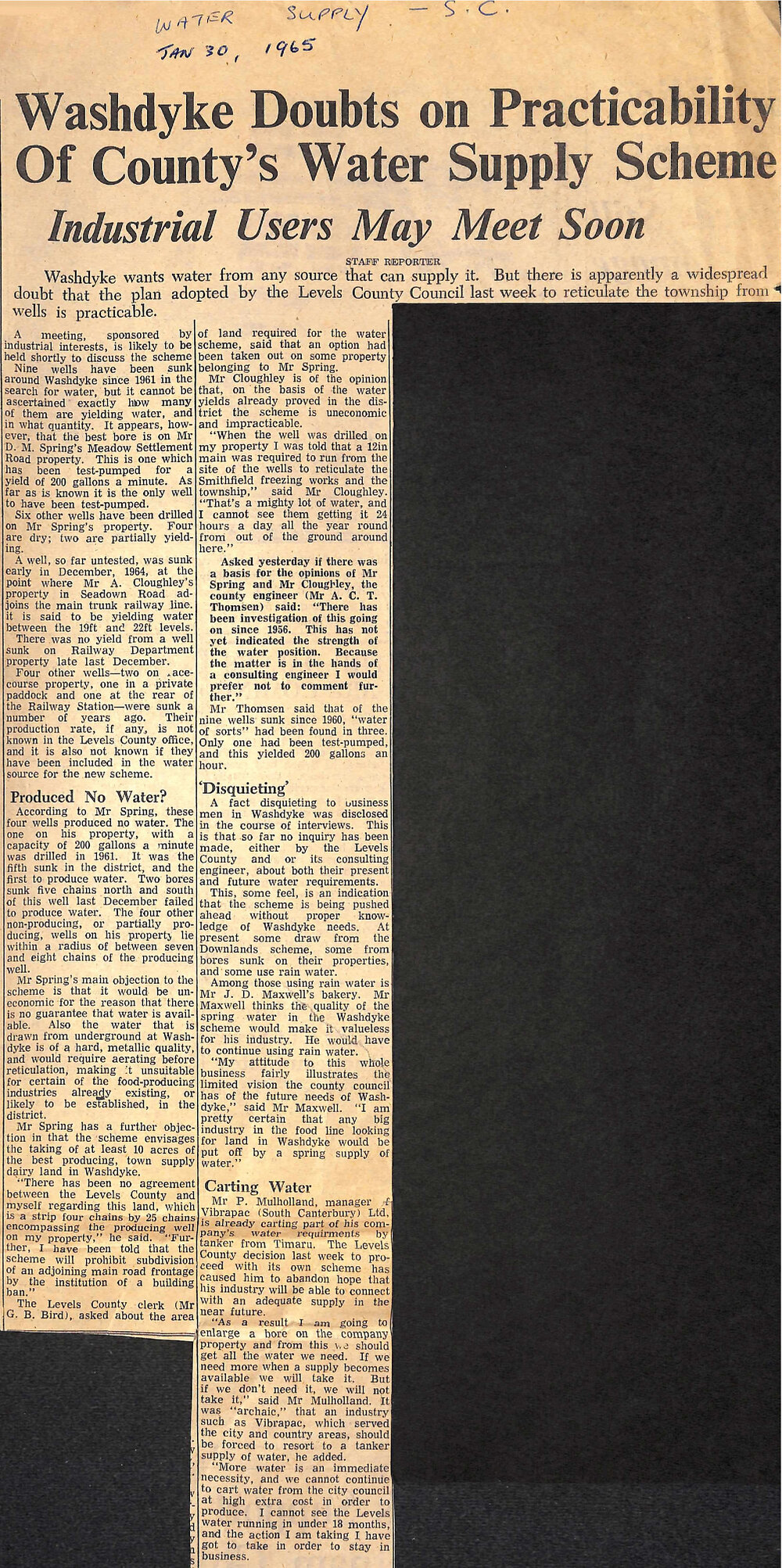 Washdyke Doubts on Practicability Of County's Water Supply Scheme: Industrial Users May Meet Soon