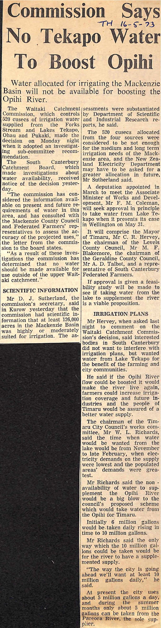 Commission Says No Tekapo Water To Boost Opihi