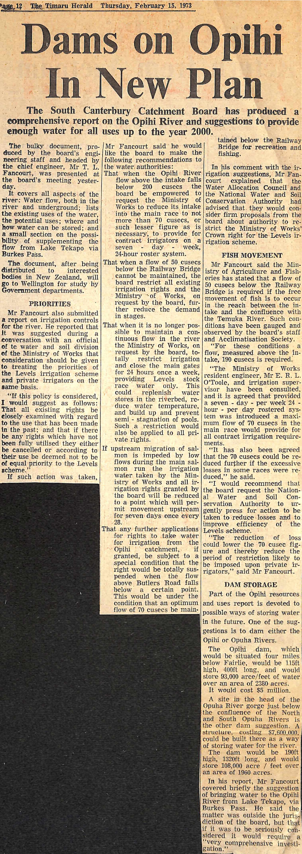 Dams on Opihi In New Plan