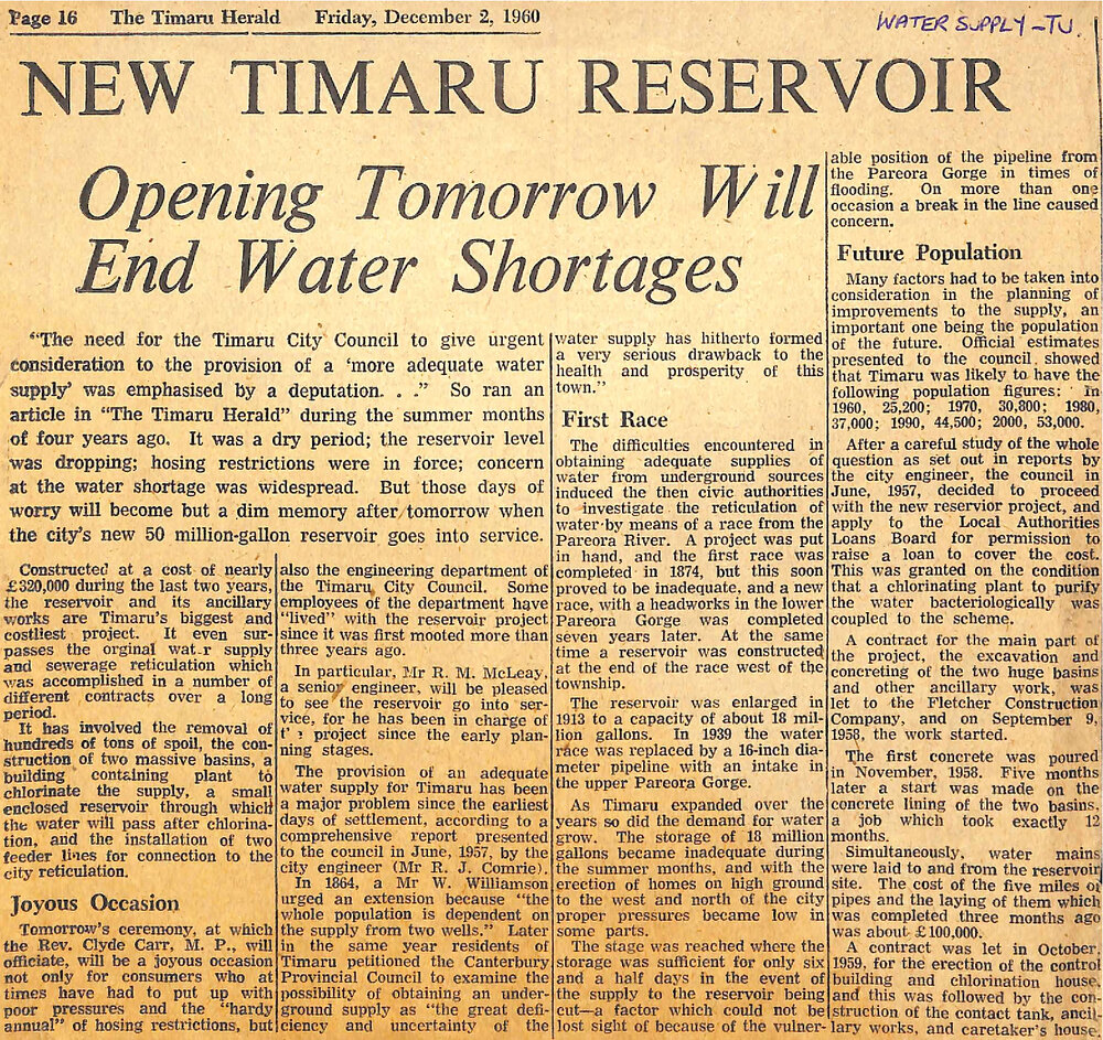 New Timaru Reservoir: Opening Tomorrow Will End Water Shortages