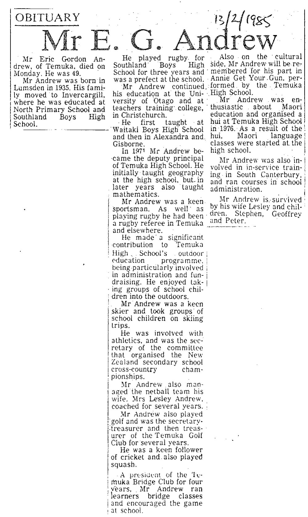 Obituary: Mr E G Andrew