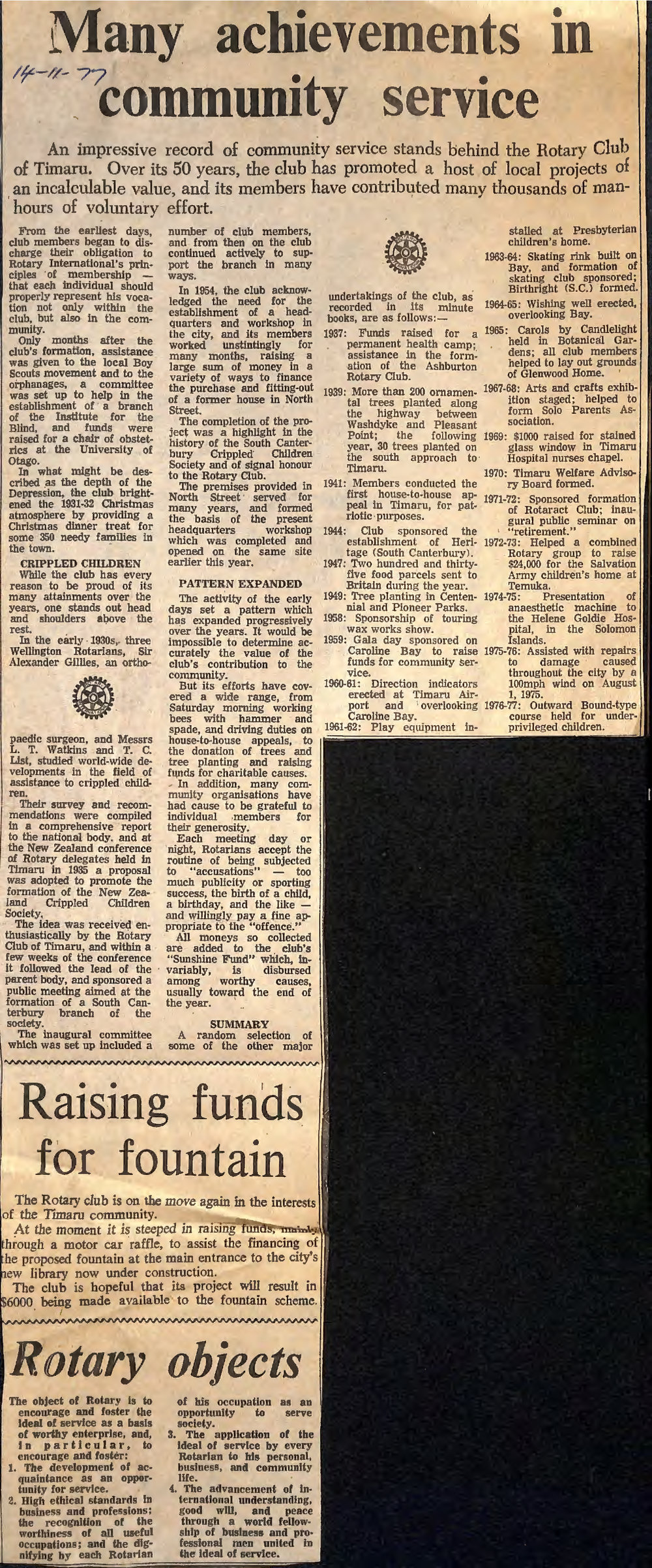 Many achievements in community service / Raising funds for fountain / Rotary objects
