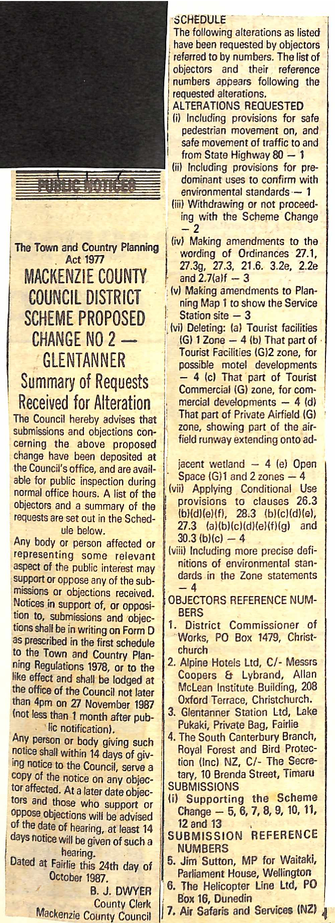 Mackenzie County Council District Scheme Poroposed Change No 2 - Glentanner