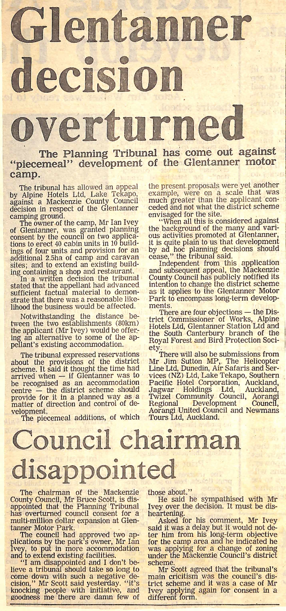 Glentanner decision overturned / Council chairman disappointed