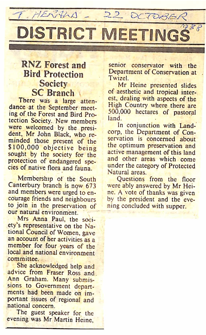 District Meetings: RNZ Forest and Bird Protection Society SC Branch