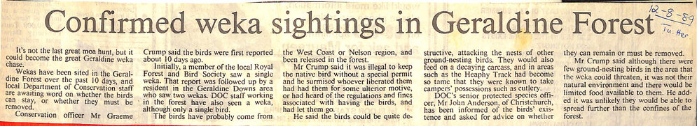 Confirmed weka sightings in Geraldine Forest