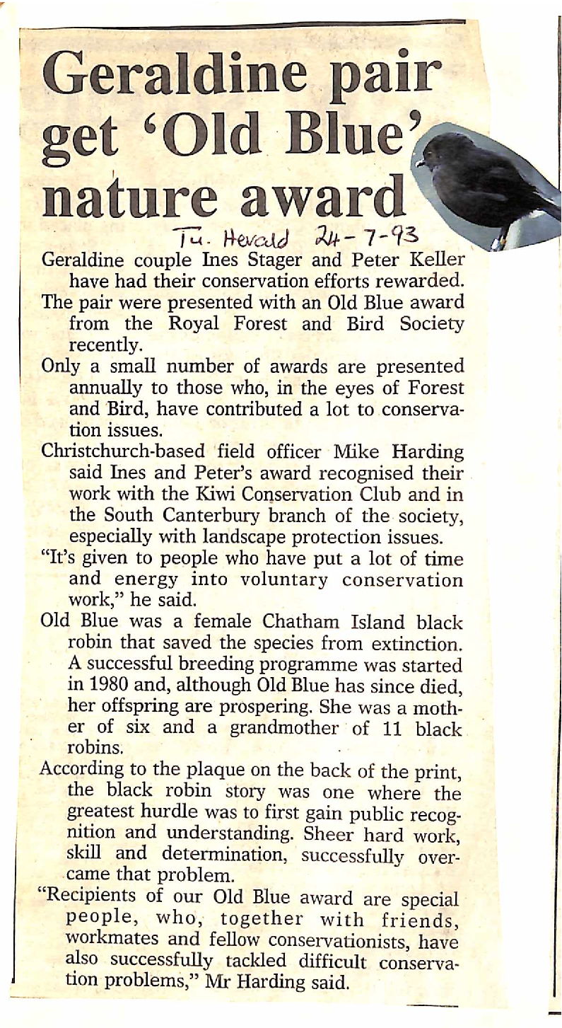 Geraldine pair get 'Old Blue' nature award