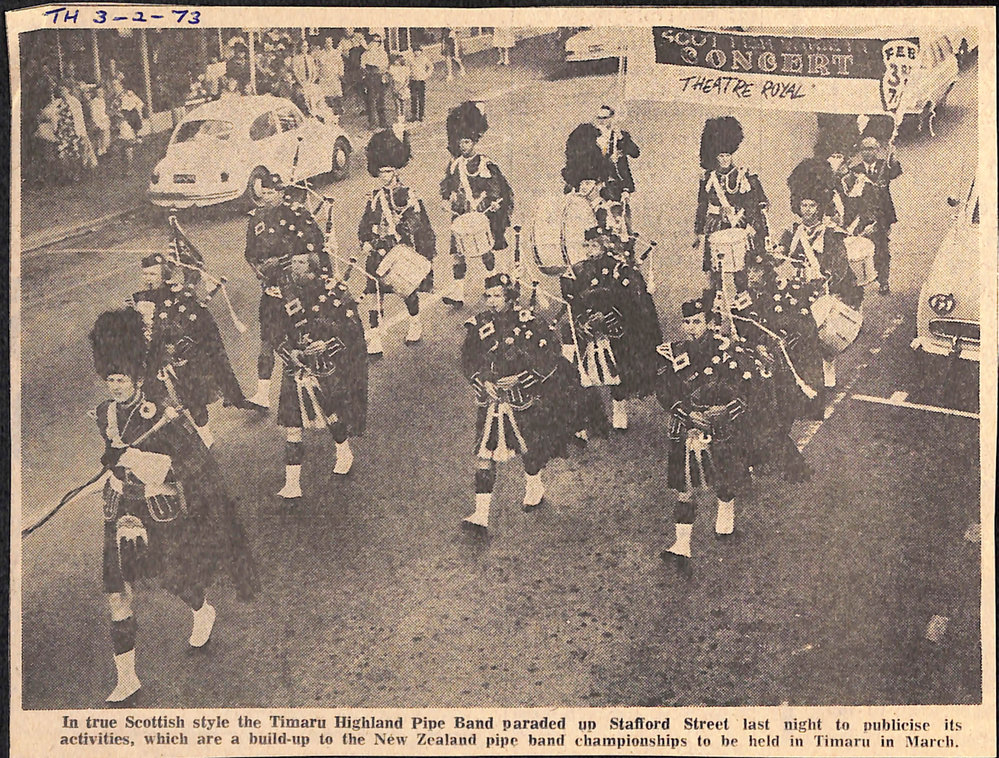 Timaru Highland Band parade up Stafford Street