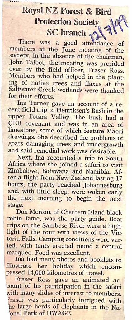 Royal NZ Forest &amp; Bird Protection Society SC branch