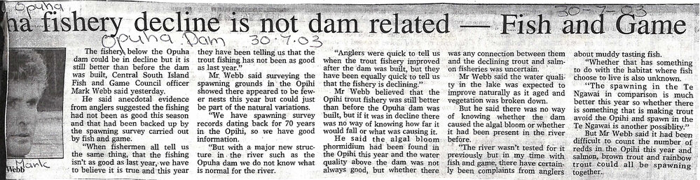 Opuha fishery decline is not dam related - Fish and Game