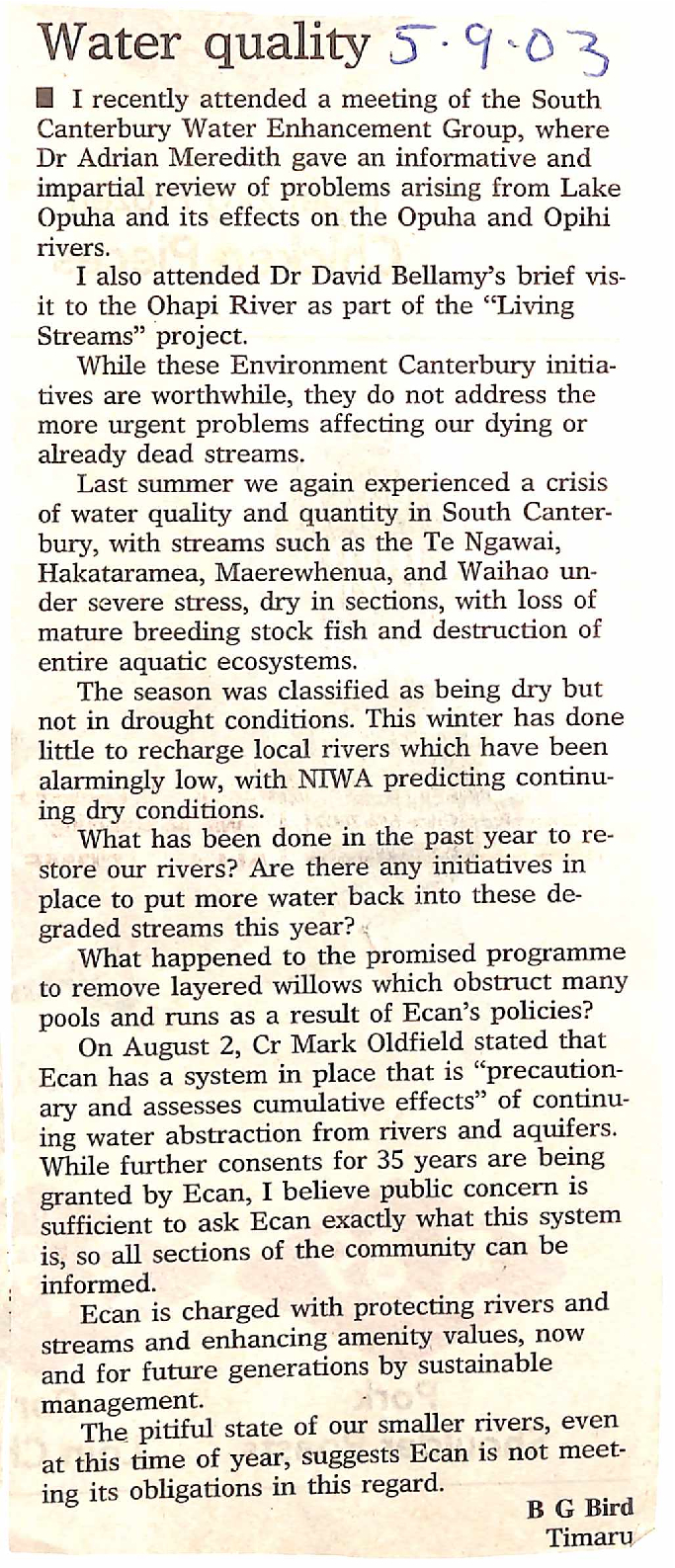 Letter to the editor: Water quality