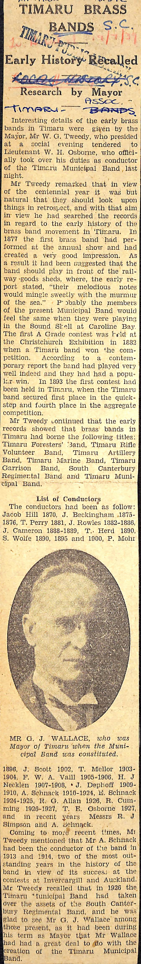 Timaru Brass Bands: Early History Recalled