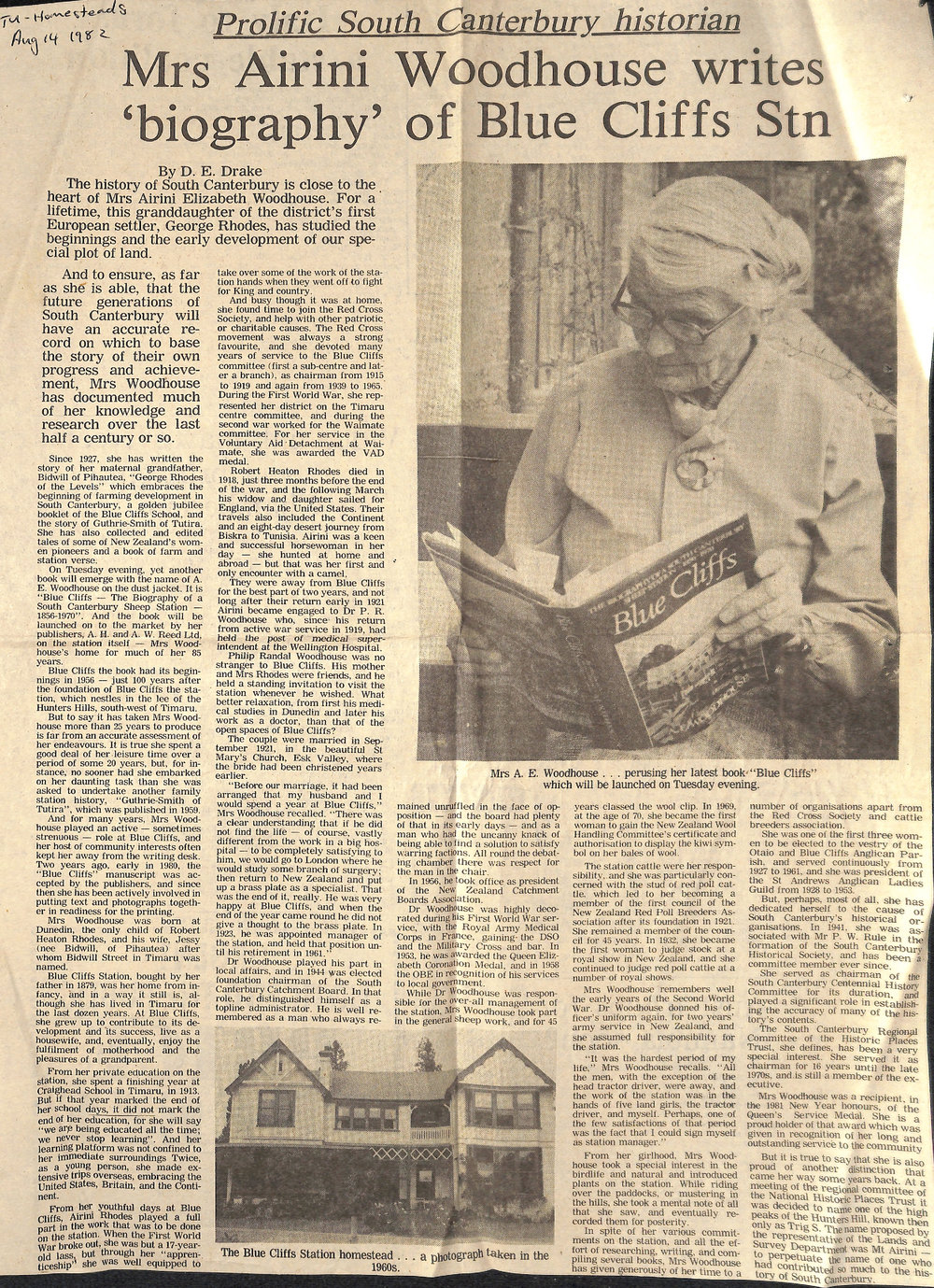 Mrs Airini Woodhouse writes 'biography' of Blue Cliffs Station