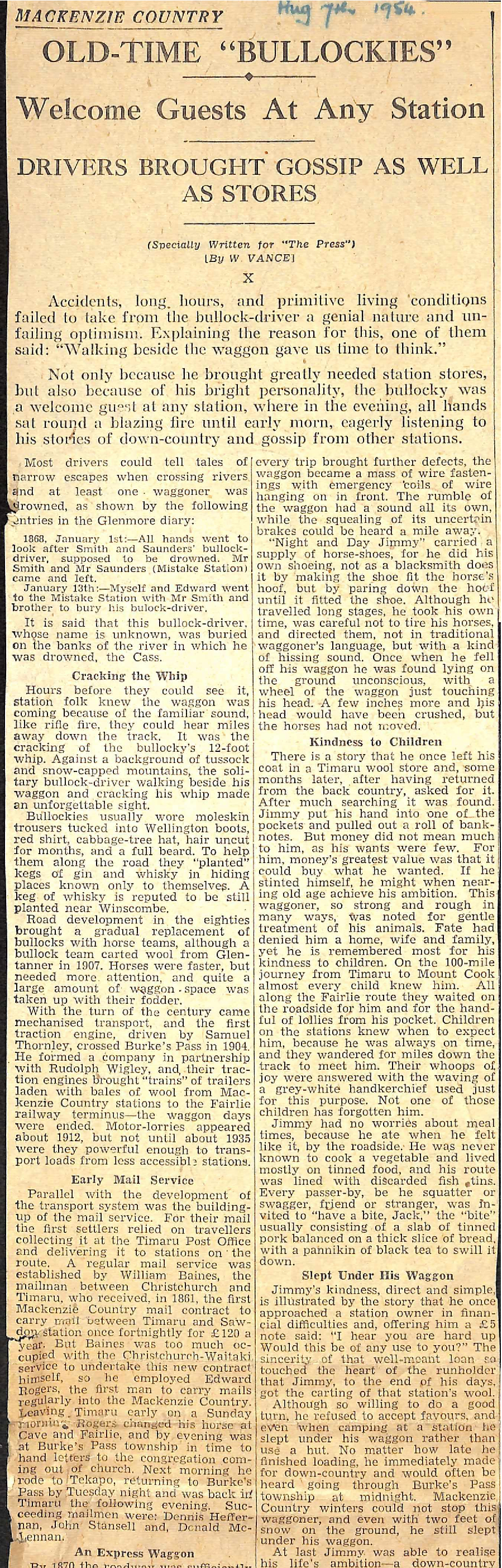 Mackenzie Country X: Old-time 'Bullockies', Welcome Guests At Any Station, Drivers Brought Gossip As Well As Stores