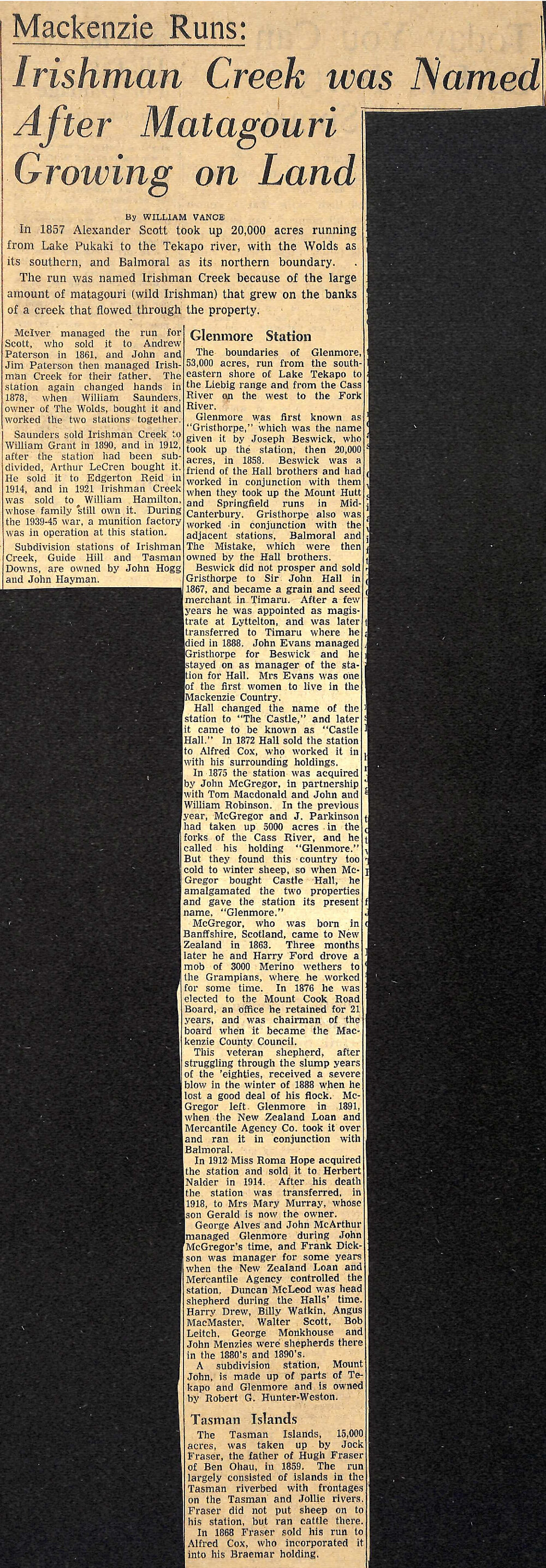 Mackenzie Runs: Irishman Creek was Named After Matagouri Growing on Land