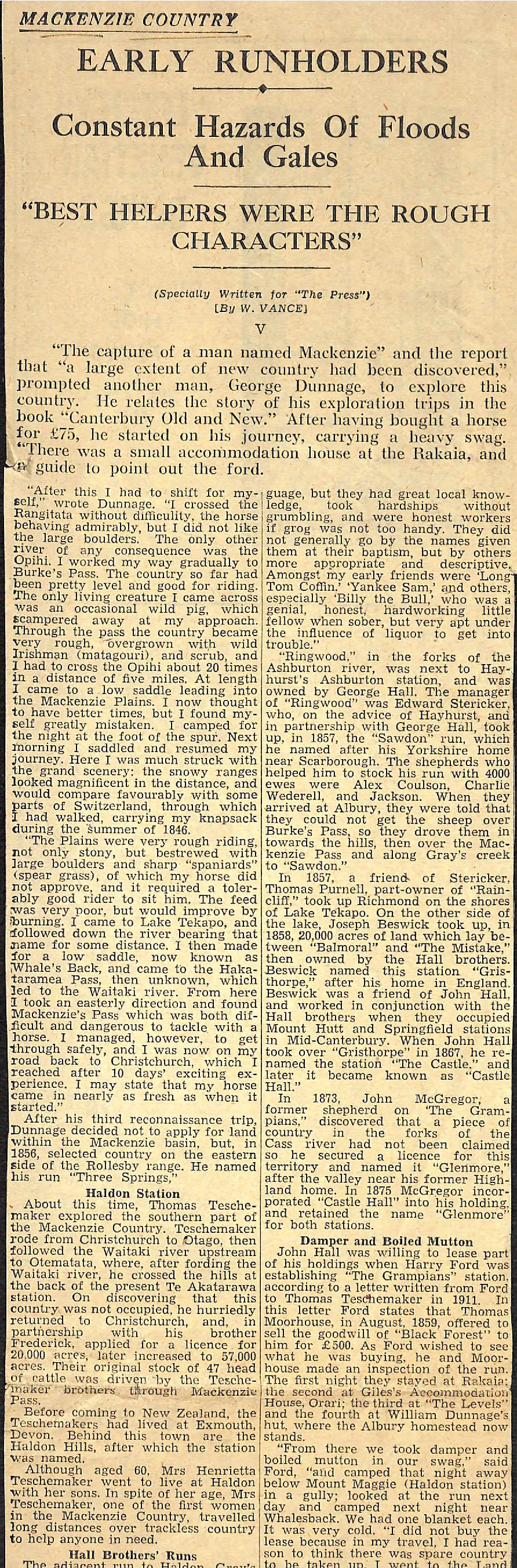 Mackenzie Country V: Early Runholders, Constant Hazards of Floods And Gales, 'Best Helpers Were the Rough Characters'