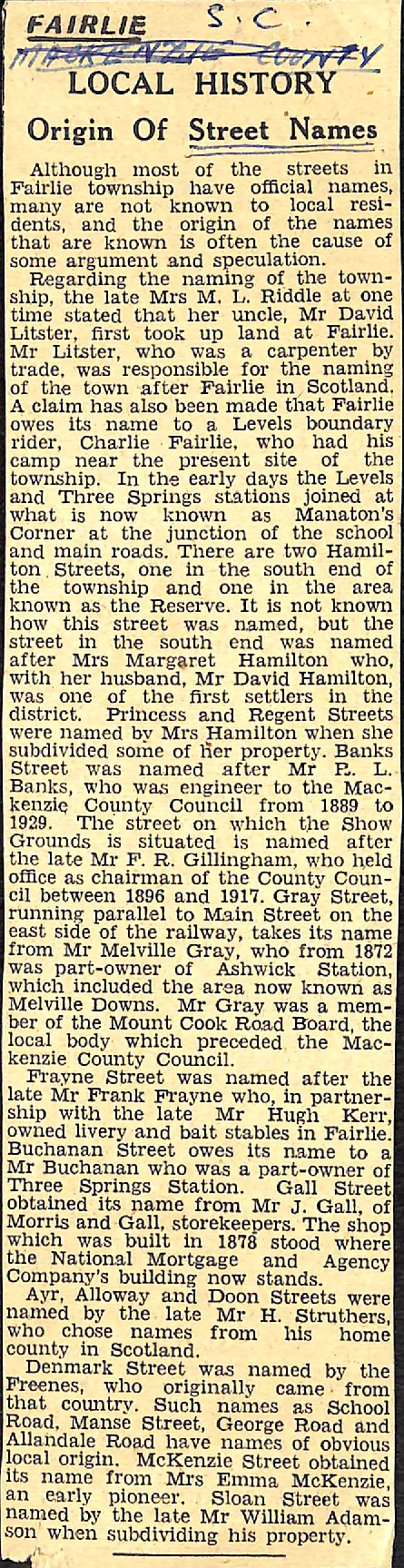 Fairlie: Local History, Origin of Street Names