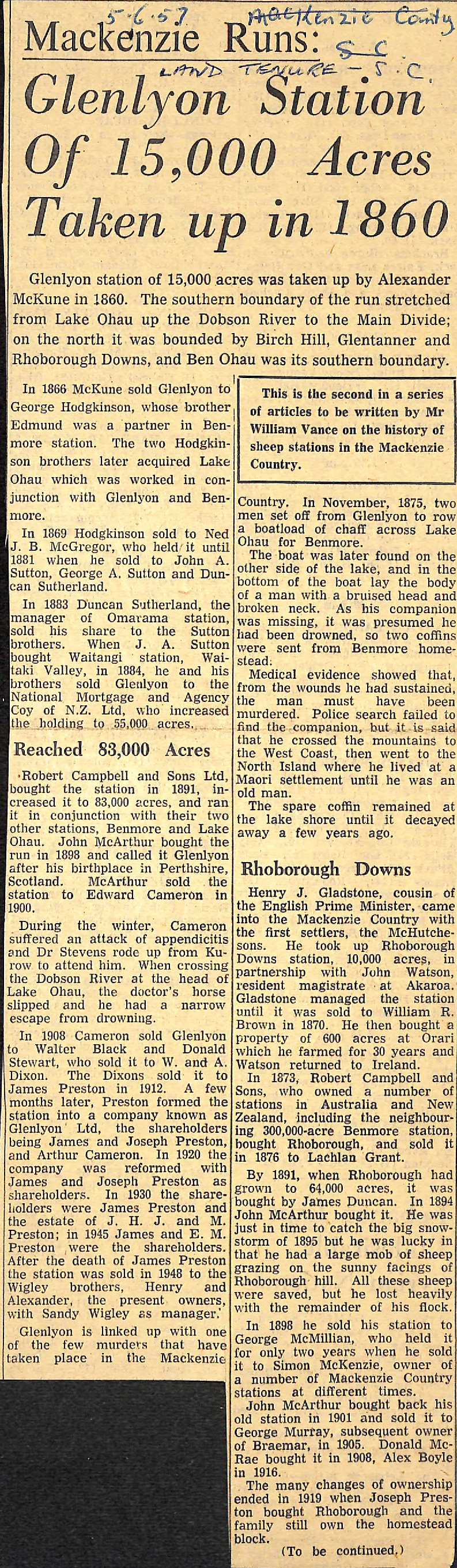 Mackenzie Runs: Glenlyon Station of 15,000 Acres Taken up in 1860