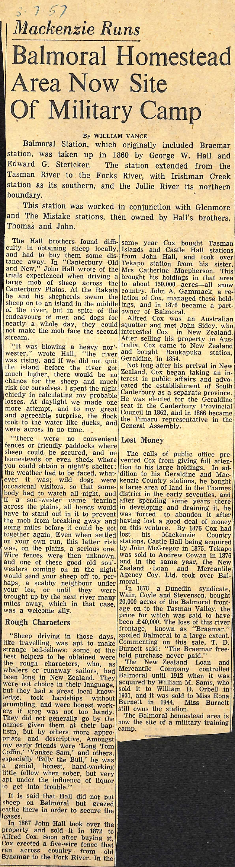 Mackenzie Runs: Balmoral Homestead Area Now Site of Military Camp