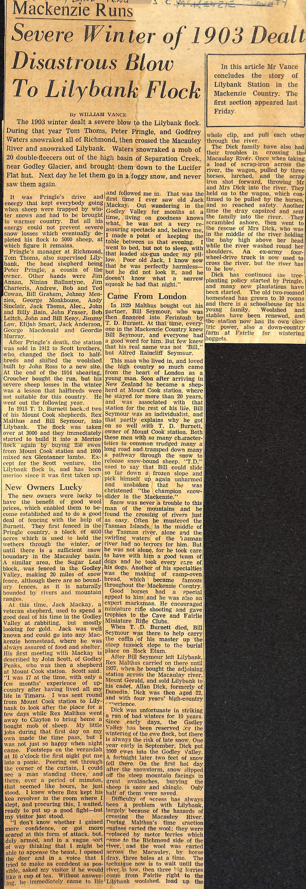 Mackenzie Runs: Severe Winter of 1903 Dealt Disastrous Blow To Lilybank Flock