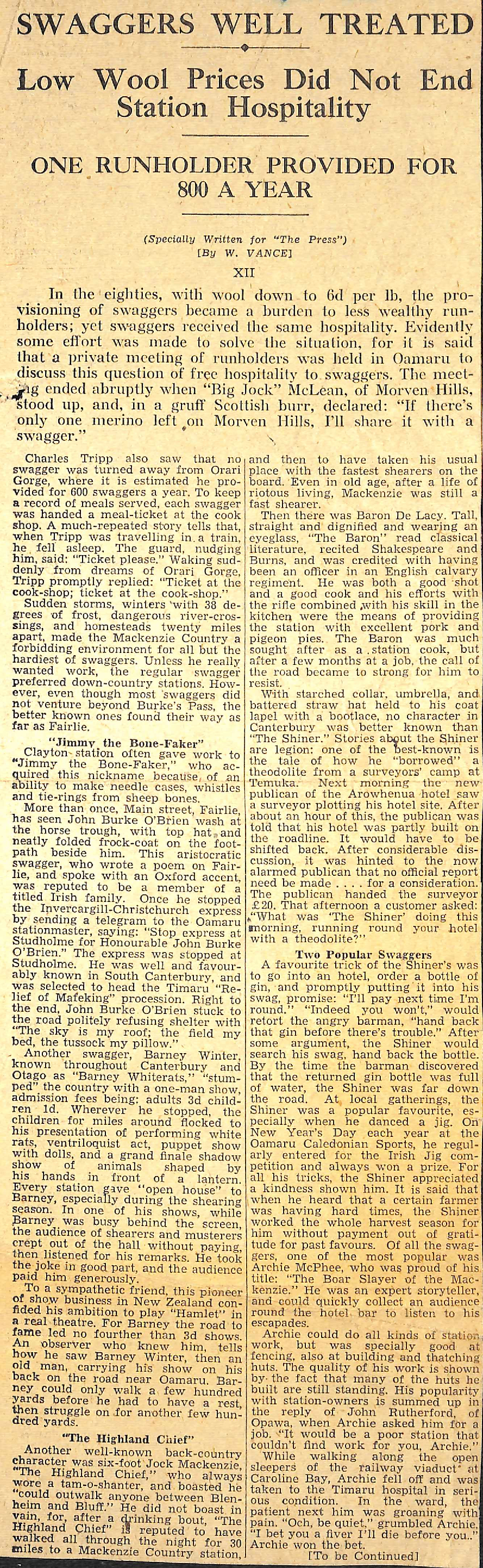 Mackenzie Country XII: Swaggers Well Treated, Low Wool Prices Did Not End Station Hospitality, One Runholder Provided For 800 a Year