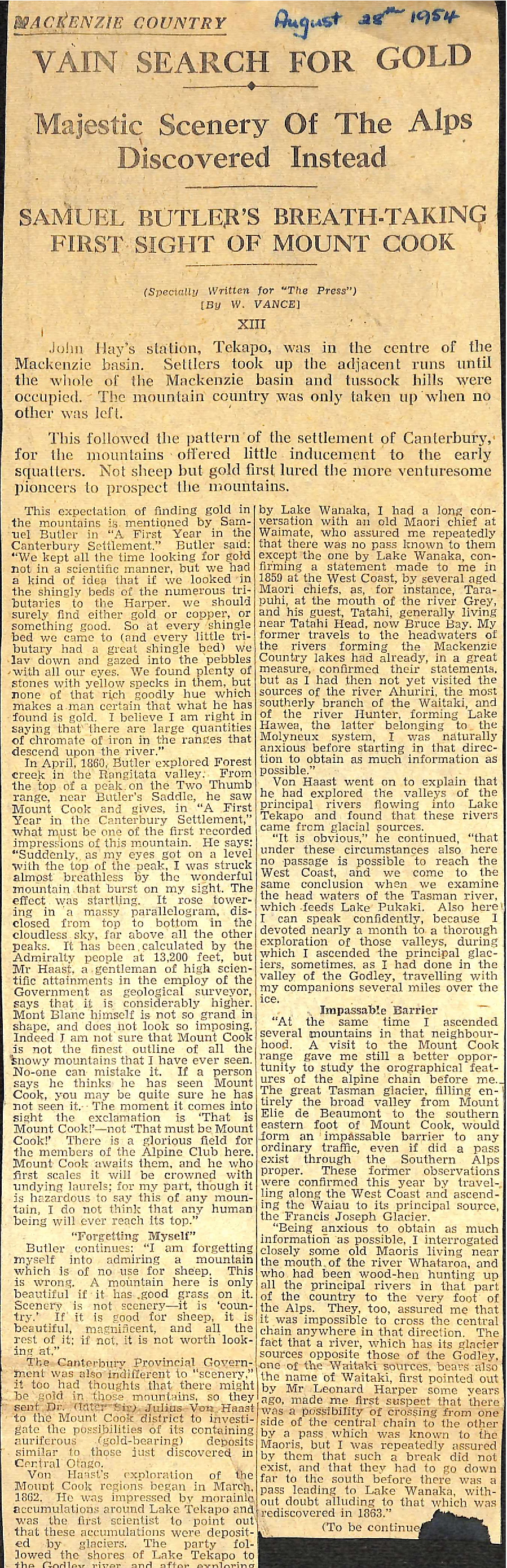 Mackenzie Country XIII: Vain Search For Gold, Majestic Scenery Of The Alps Discovered Instead, Samuel Butler's Breath-taking First Sight of Mount Cook