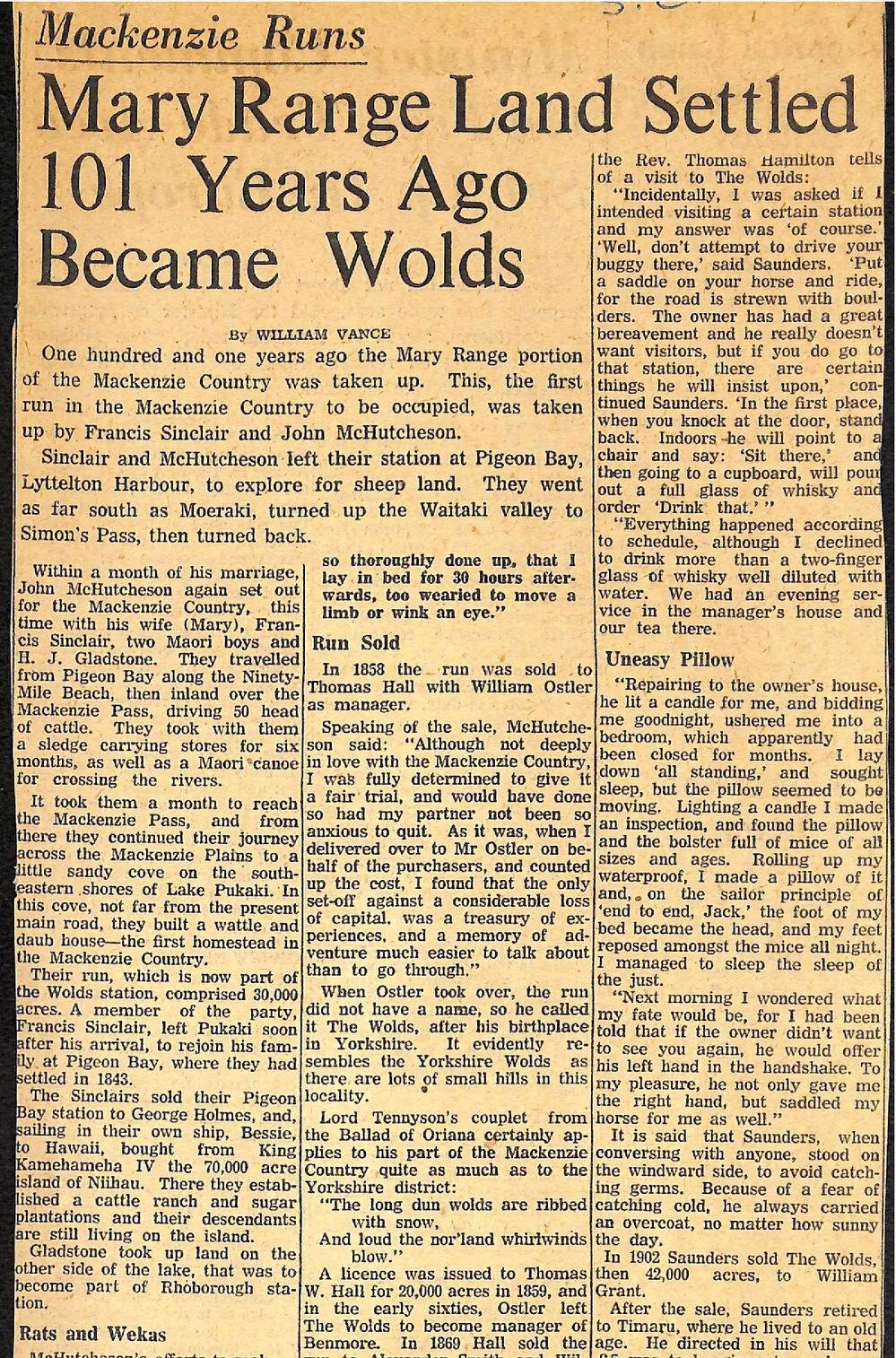 Mackenzie Runs: Mary Range Land Settled 101 Years Ago Became Wolds