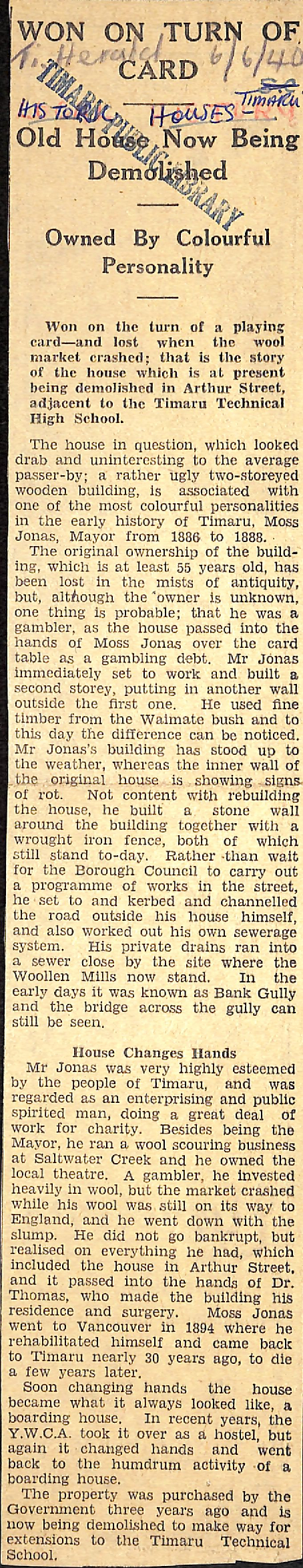 Won on Turn of Card: Old House Now Being Demolished: Owned by Colourful Personality