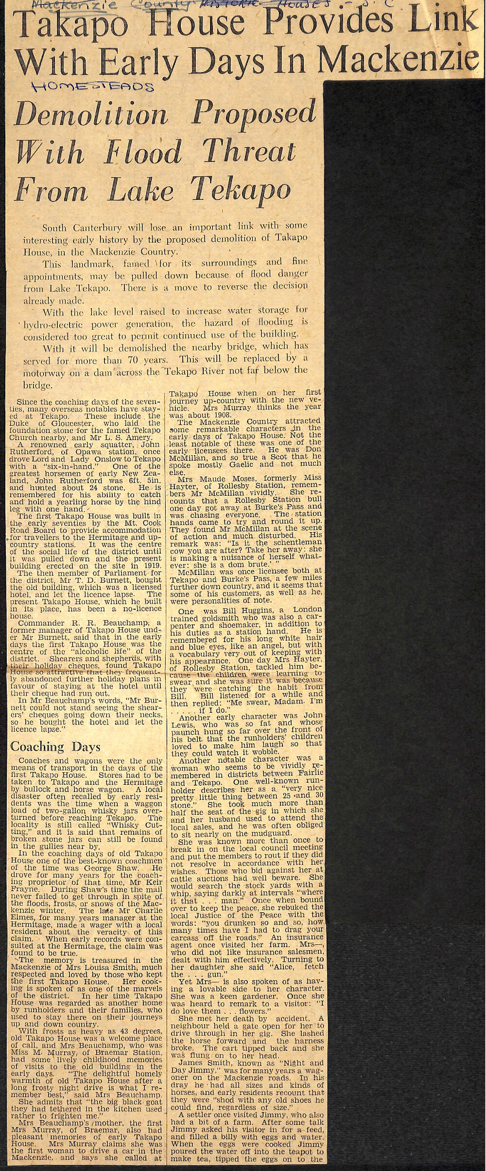 Tekapo House Provides Link With Early Days In Mackenzie, Demolition Proposed With Flood Threat From Lake Tekapo