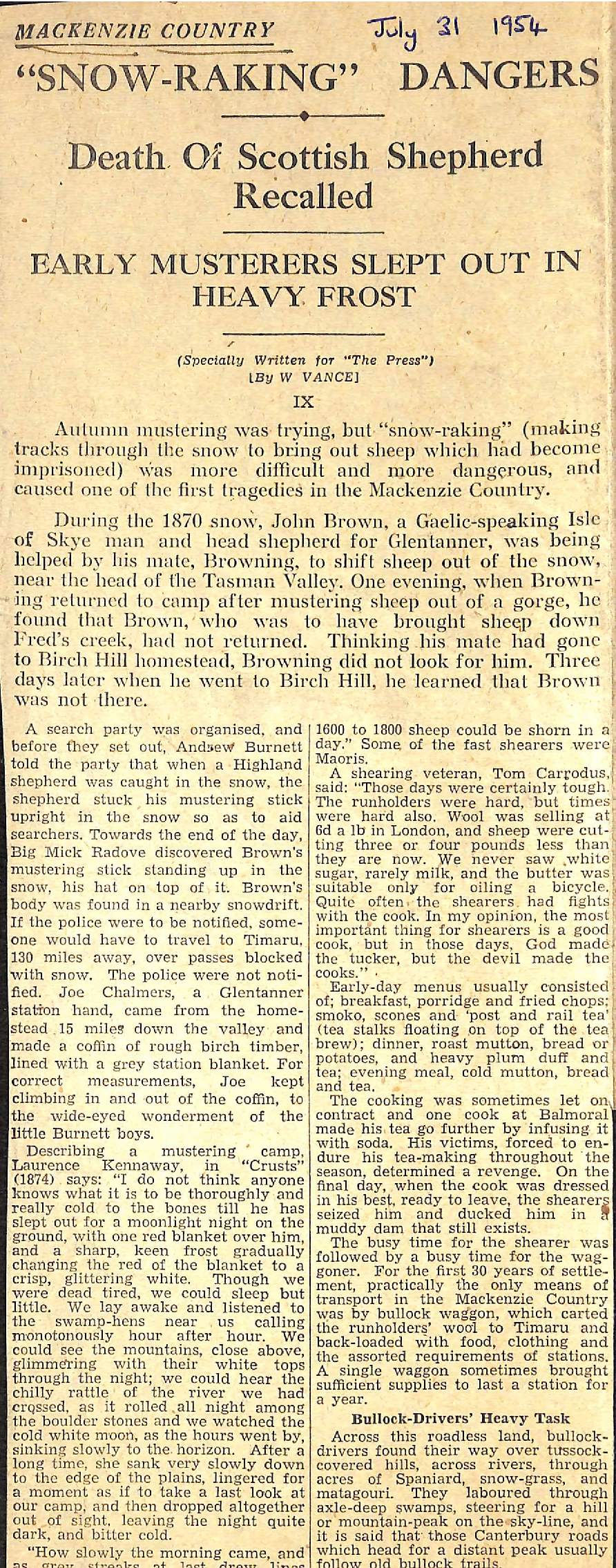Mackenzie Country IX: "Snow-Raking" Dangers, Death Of Scottish Shepherd Recalled, Early Musterers Slept Out In Heavy Frost