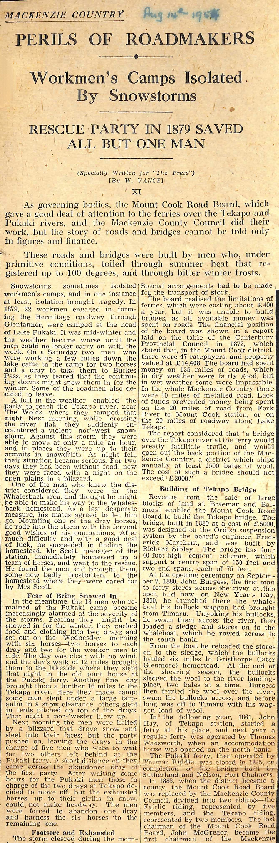 Mackenzie Country XI: Perils of Roadmakers, Workmen's Camps Isolated by Snowstorms, Rescue Party in 1879 Saved All But One Man