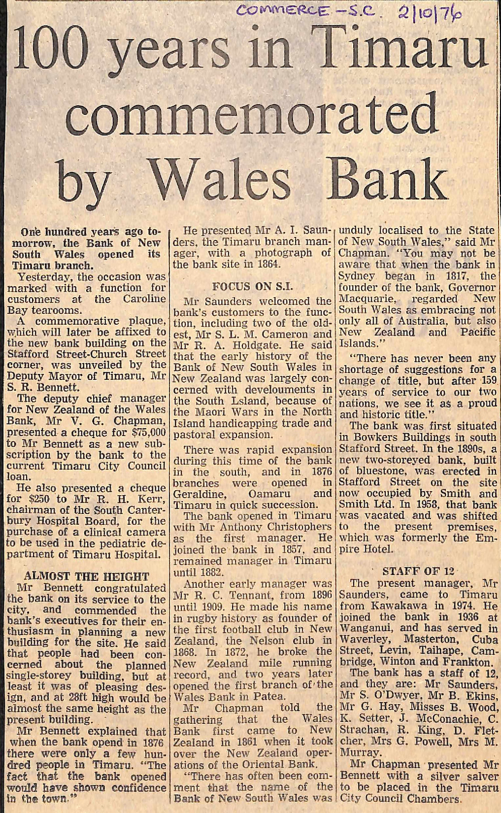100 years in Timaru commemorated by Wales Bank