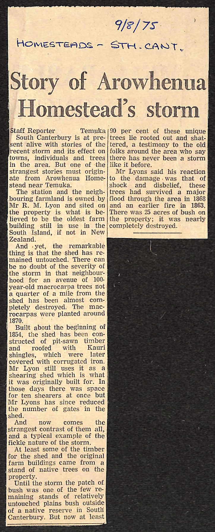 Story of Arowhenua Homestead's storm