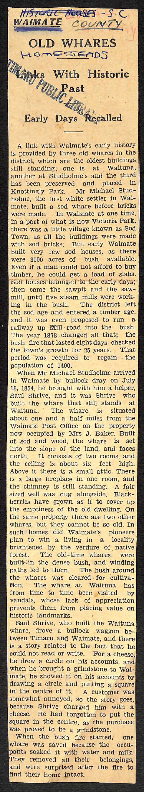 Waimate: Old Whares, Links With Historic Past, Early Days Recalled