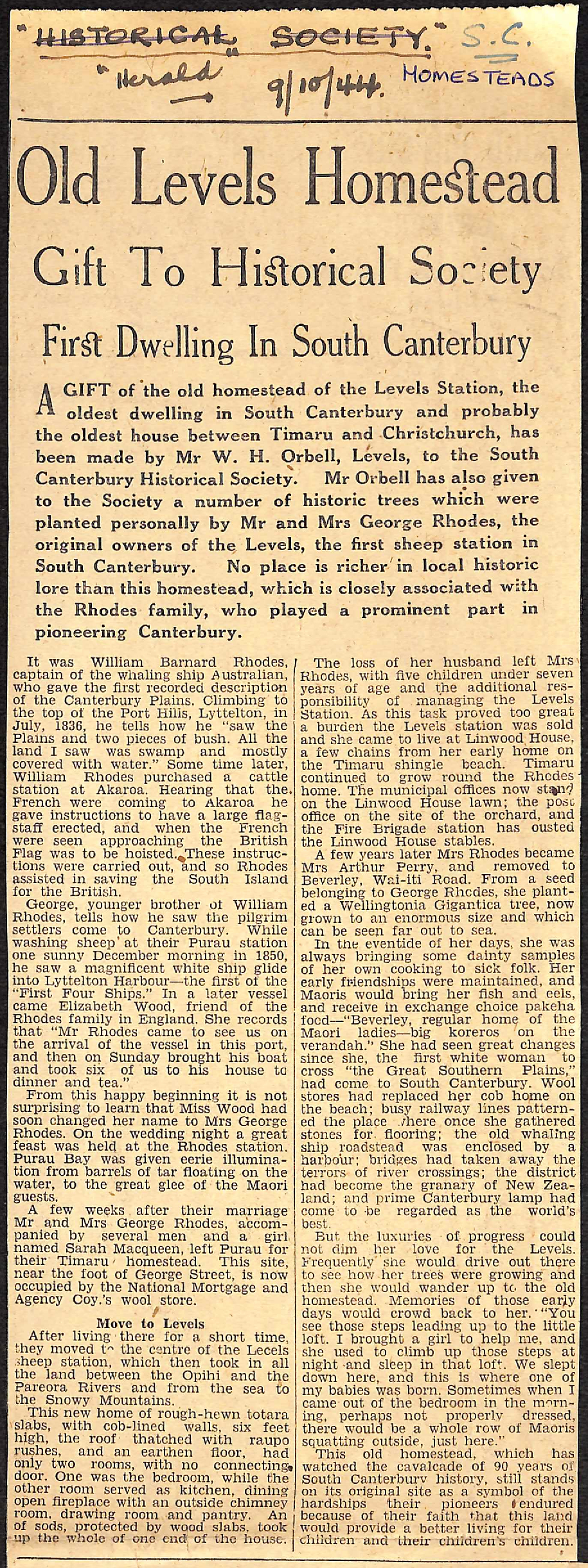 Old Levels Homestead, Gift To Historical Society, First Dwelling In South Canterbury