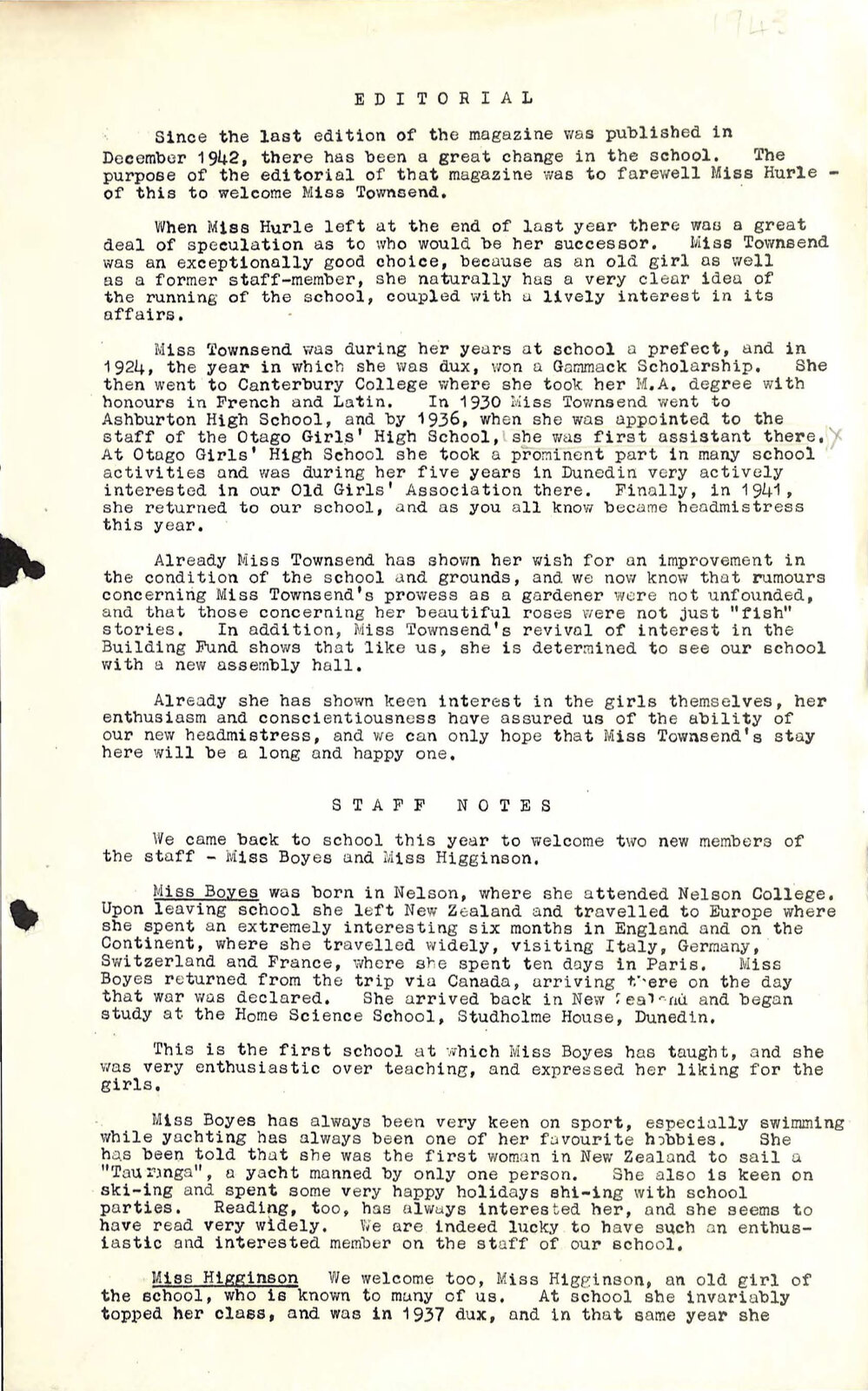 Timaru Girls' High School Chronicle 1943