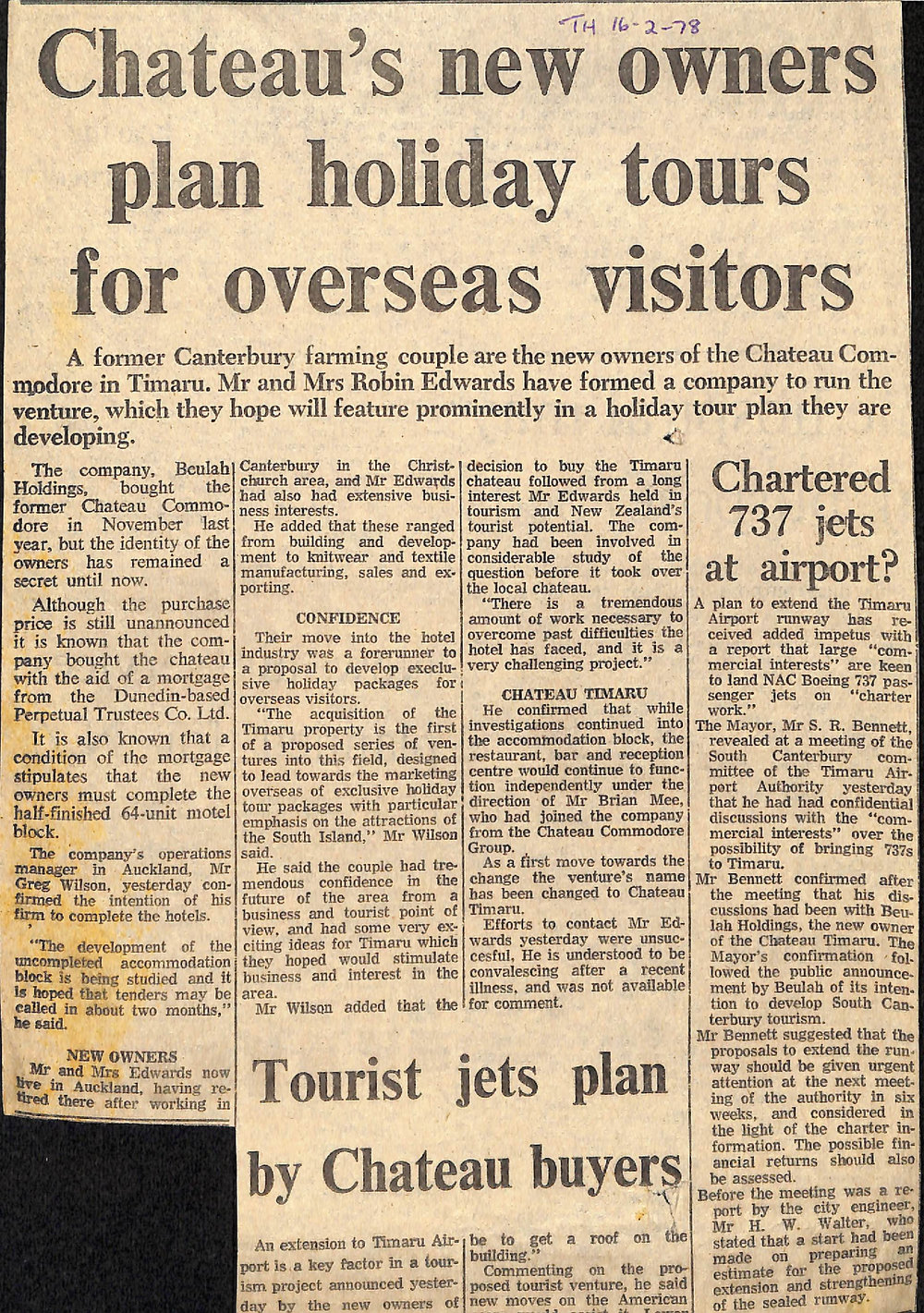 Chateau's new owners plan holiday tours for overseas visitors / Chartered 737 jets at airport?