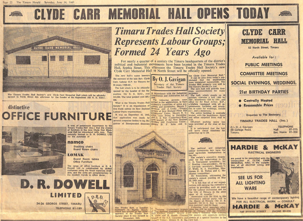 Clyde Carr Memorial Hall Opens Today: Timaru Trades Hall Society Represents Labour Groups Formed 24 Years Ago